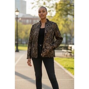 Alfred Dunner Metallic Animal Print Jacket‎ Sz 16W Black Bronze Zip Stretch NWOT